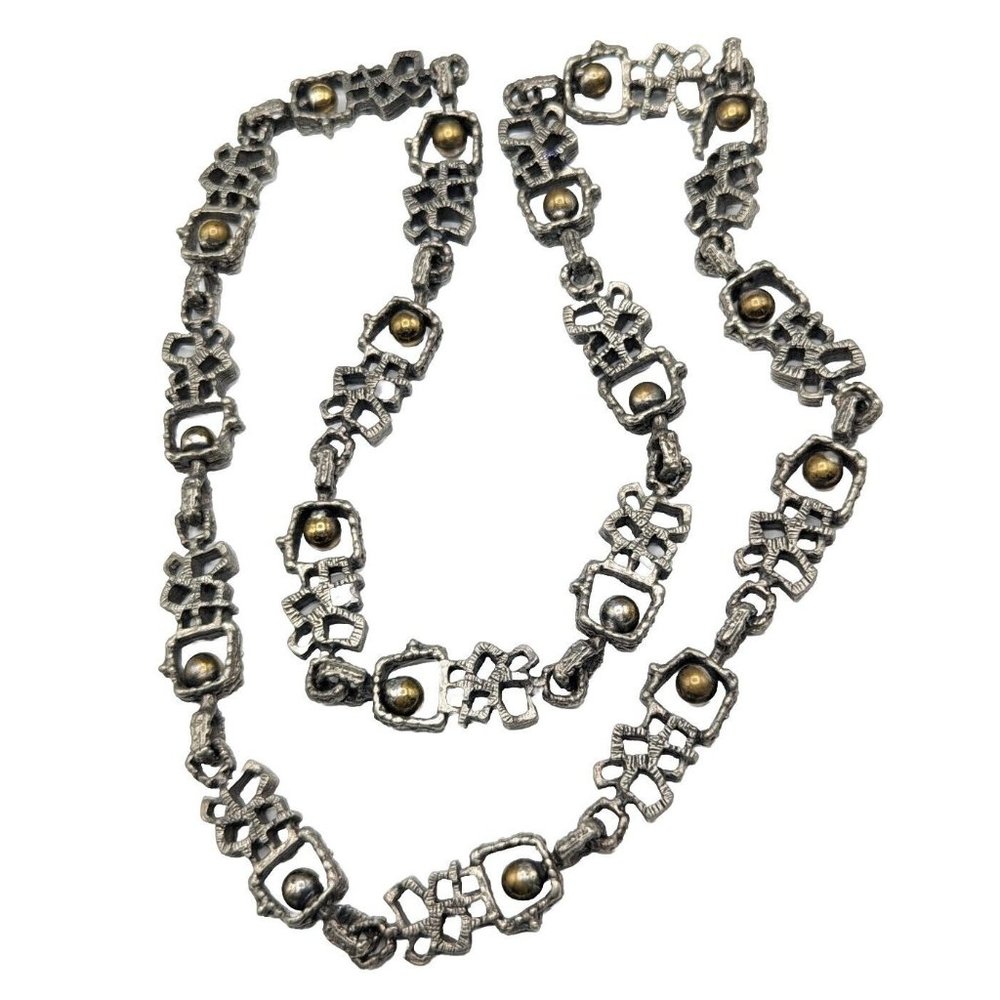 Guy Vidal Vtg Brutalist Modernist Silver Pewter Bronze Tone Ball Necklace 28"